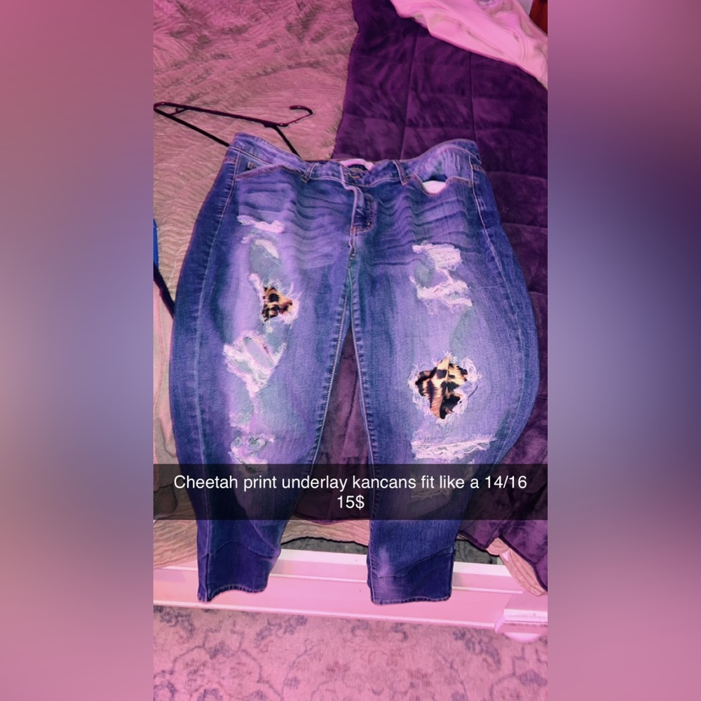 KanCan Blue Skinny Distressed Jeans with Animal Print